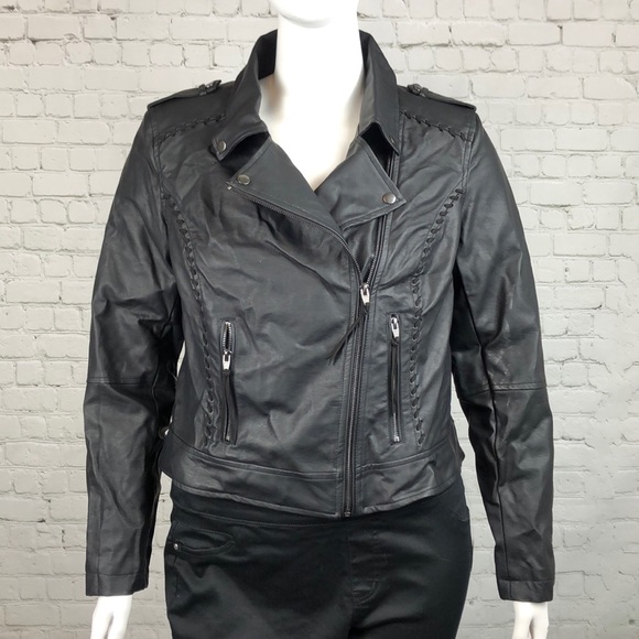 Plus Size 14 16 20 Black Faux Leather Biker Jacket - Picture 2 of 8